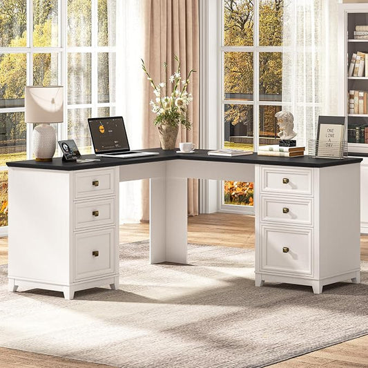 Vabches Farmhouse L Shaped Executive Desk with 6 Drawers, 59’’ Wood Home Office Desk with File Cabinet, Writing Corner Computer Desk for Home Office, Work, Study, White and Black