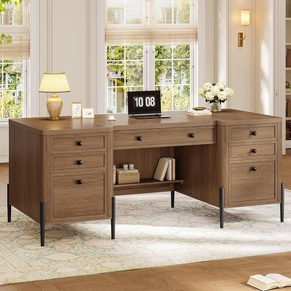 63" Executive Desk with 5 Drawers, Farmhouse Home Office Desks with 2 Storage Cabinet and Keyboard Tray, Large Boss Desk with Privacy Panel, Modern Table with Open Shelf and File Drawer