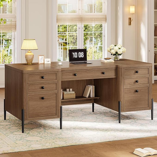 63" Executive Desk with 5 Drawers, Farmhouse Home Office Desks with 2 Storage Cabinet and Keyboard Tray, Large Boss Desk with Privacy Panel, Modern Table with Open Shelf and File Drawer