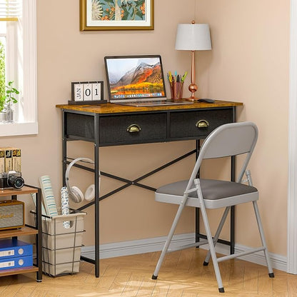DAOUTIME Small Writing Desk for Kids Bedroom, 31.5 Inch Computer Desk for Small Spaces, Simple Desk with 2 Fabric Drawers for Home Office, Dorm, Living Room, Home Study Table, Rustic Brown