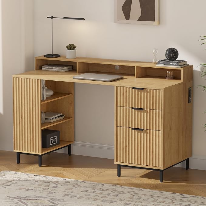 EYYTHUNG Fluted Executive Desk with Charging Station, 55" Modern Wood Office Desk with Monitor Stand & File Drawer, Home Writing Study Computer Table for Work Study, Natural Oak