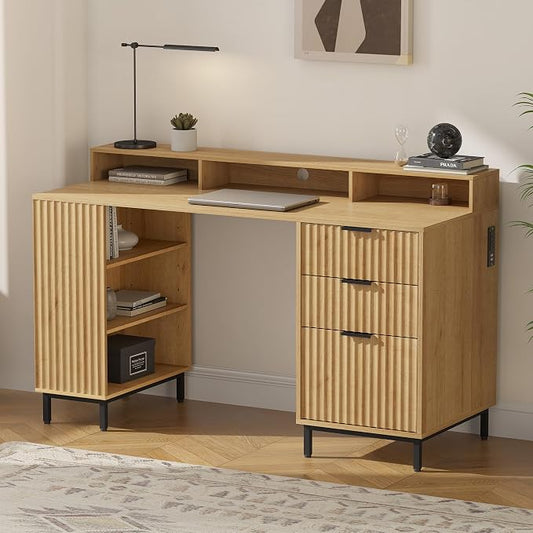 EYYTHUNG Fluted Executive Desk with Charging Station, 55" Modern Wood Office Desk with Monitor Stand & File Drawer, Home Writing Study Computer Table for Work Study, Natural Oak
