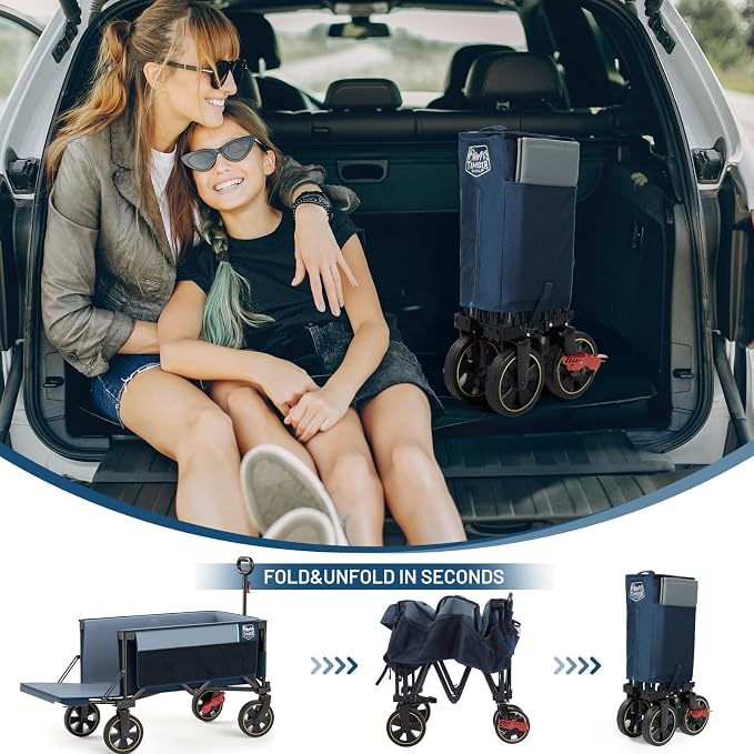 Timber Ridge 49" Collapsible Folding Wagon with Tailgate, 300lbs Heavy Duty Foldable Wagon with Wheels, 250L Capacity Portable Utility Cart for Outdoor Camping, Sports, Dogs, Blue