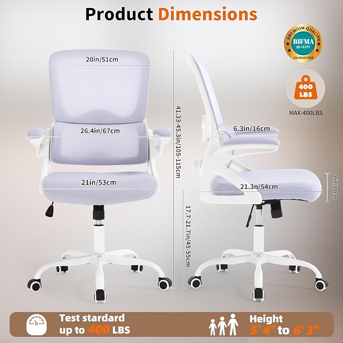 Ergonomic Office Chair,Mesh Office Chair with Lumbar Support,Mid Back Desk Chair with Flip-up Arms,400 lbs Comfy Computer Chair for Home Office (Pale Purple White)