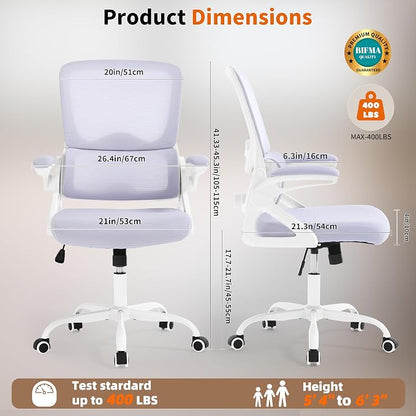 Ergonomic Office Chair,Mesh Office Chair with Lumbar Support,Mid Back Desk Chair with Flip-up Arms,400 lbs Comfy Computer Chair for Home Office (Pale Purple White)