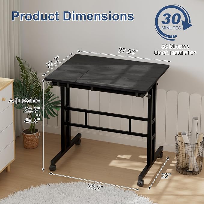 VECELO Mobile Small Standing Desk Adjustable Height, Computer Workstations with Tiltable Tabletop, Lockable Wheels, Portable Rolling Laptop Desk for Home Office, Black