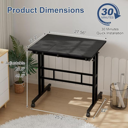 VECELO Mobile Small Standing Desk Adjustable Height, Computer Workstations with Tiltable Tabletop, Lockable Wheels, Portable Rolling Laptop Desk for Home Office, Black