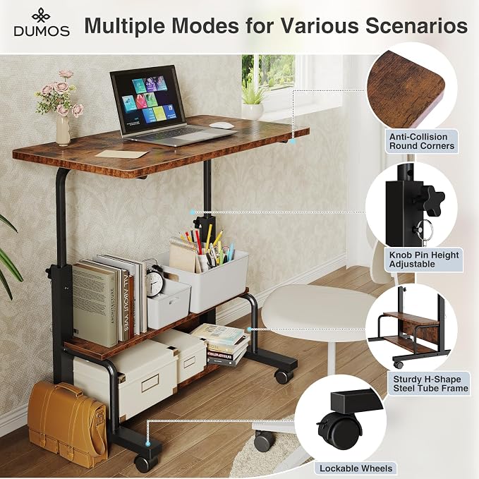 DUMOS 31.5" Mobile Rolling Desk with 2-Tier Storage Shelves, Height Adjustable Computer Desks on Wheels, Portable Rolling Laptop Table for Small Spaces & Home Office Rustic Brown