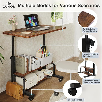 DUMOS 31.5" Mobile Rolling Desk with 2-Tier Storage Shelves, Height Adjustable Computer Desks on Wheels, Portable Rolling Laptop Table for Small Spaces & Home Office Rustic Brown