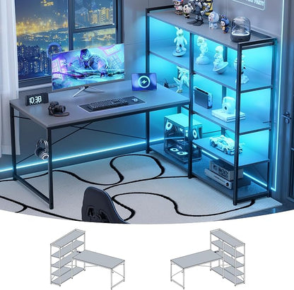 Pamray L Shaped Computer Desk with Reversible Side Storage Shelves, 49 Inch Gaming Desk with Power Outlets and Led Lights, PC Table for Home Office and Bedroom Grey