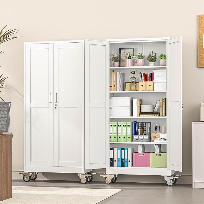 winiowa 71" Tall Metal Garage Storage Cabinet with Wheels, Steel Locking Rolling Tool Cabinet with 4 Adjustable Shelves for Garage,Home,Office (White)