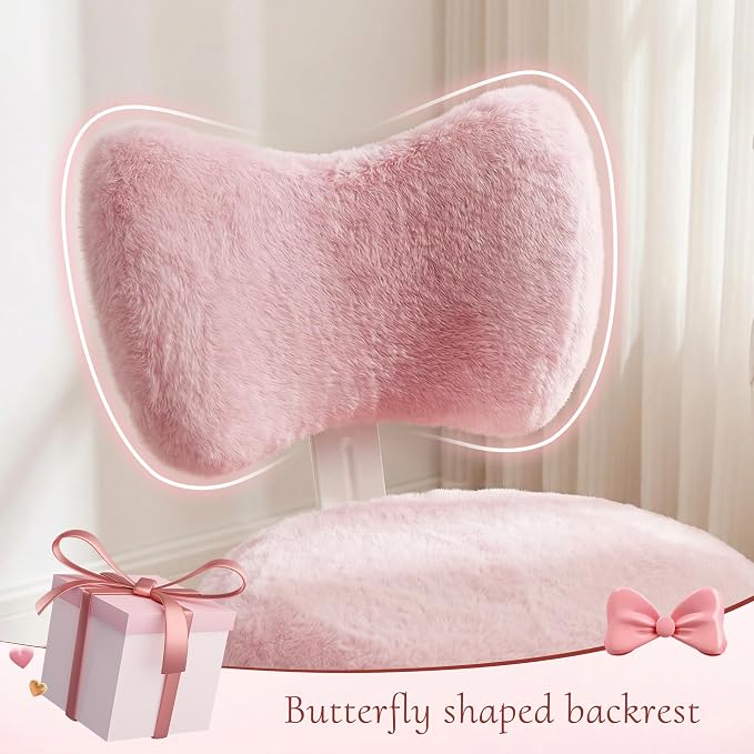 Homkdom Vanity Chair with Bow Back for Bedroom Faux Rabbit Fur Pink | High-Density Foam, Height Adjustable, swivel, 300 lbs,easy assembly for Teens， Make-up Room, Bedroom, Dorm, Study Room