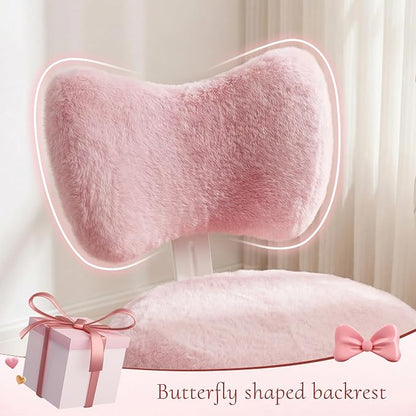Homkdom Vanity Chair with Bow Back for Bedroom Faux Rabbit Fur Pink | High-Density Foam, Height Adjustable, swivel, 300 lbs,easy assembly for Teens， Make-up Room, Bedroom, Dorm, Study Room