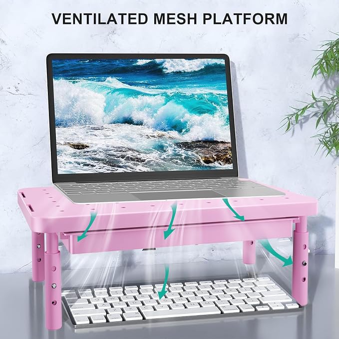 WALI Computer Monitor Stand with Storage, Desk Monitor Riser 3 Height Adjustable, Laptop Riser with Airflow Vents, Desk Organizer for Computer, Laptop, Printer (PTT002-P), 1 Pack, Pink