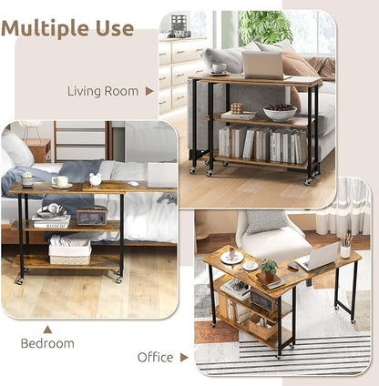 Tangkula 360° Rotating Sofa Side Table, Patented Mobile End Table with 2-Tier Storage Shelves, Swivel Rolling Desk with 6 Lockable Wheels, Metal Frame, Movable Laptop Table Couch Snack Table for Home