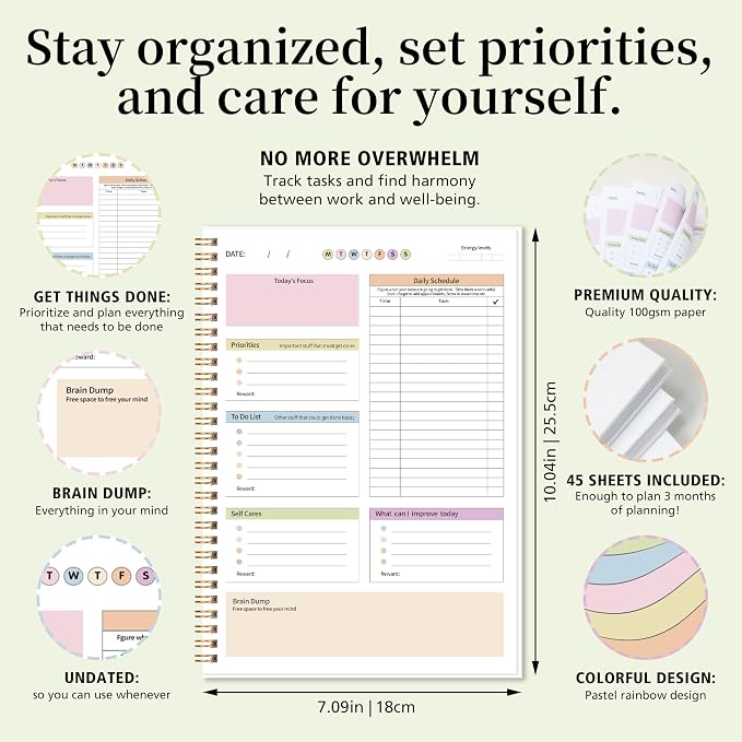 ADHD Daily Planner with Hard Cover & Colorful Sheets Inside,Productivity Planner Task Management Organizer for Neurodivergent Adults Focused for Men & Women, 7" x 10"