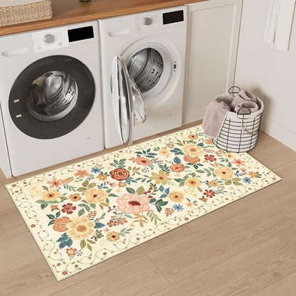 DUKINO 2x4 Rug for Entryway, Washable Kitchen Floral Runner Rug with Non Slip Backing, Low Pile Soft Boho Carpet for Kitchen, Hallway, Entryway, Laundry, Bedroom, Beige Yellow