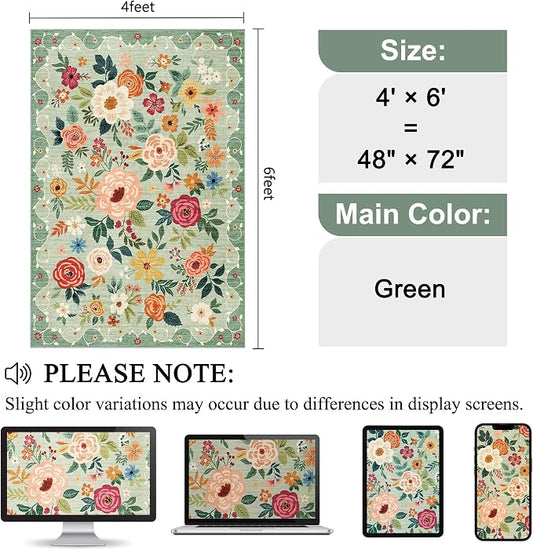 DUKINO 4x6 Area Rug, Floral Rugs for Living Room, Lightweight Non Slip Washable Rug, Indoor Low Pile & Non-Shedding Boho Design Rugs for Bedroom, Living Room, Dining Room, Green