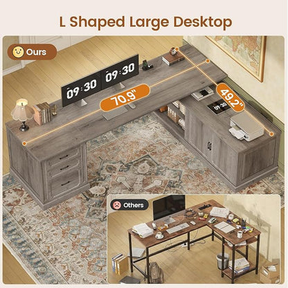 SEDETA Farmhouse L Shaped Desk with Drawers, 70.9" Home Office Desk with Storage Cabinet and Storage Shelves, L Shaped Computer Desk with Power Outlet，Gray