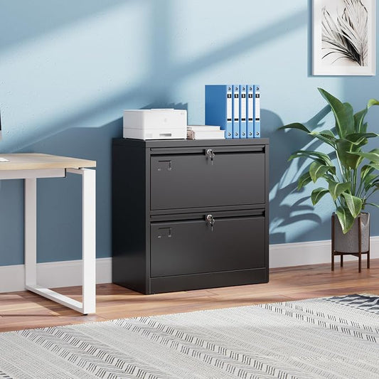 METAN 2 Drawer Lateral File Cabinet with Lock, Black Metal Lateral Filing Cabinet for Home Office, Steel Wide Filing Cabinet Legal/Letter/A4, Assembly Required, 28.82" W x 15.75" D x 30.24" H