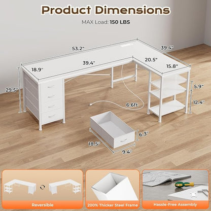 Huuger 55 Inch L Shaped Desk with Fabric Drawers, Reversible Computer Gaming Desk with Power Outlets and USB-C Port, Adjustable Side Storage Shelves, for Work Corner Home Office, White