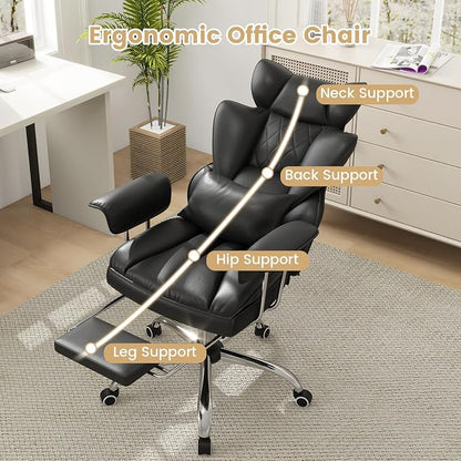 COSTWAY 400 LBS Big and Tall Office Chair, PU Leather Executive Desk Chair w/Retractable Footrest, Reclining Function, Lumbar Support, Ergonomic High Back Home Computer Task Chair (Black)