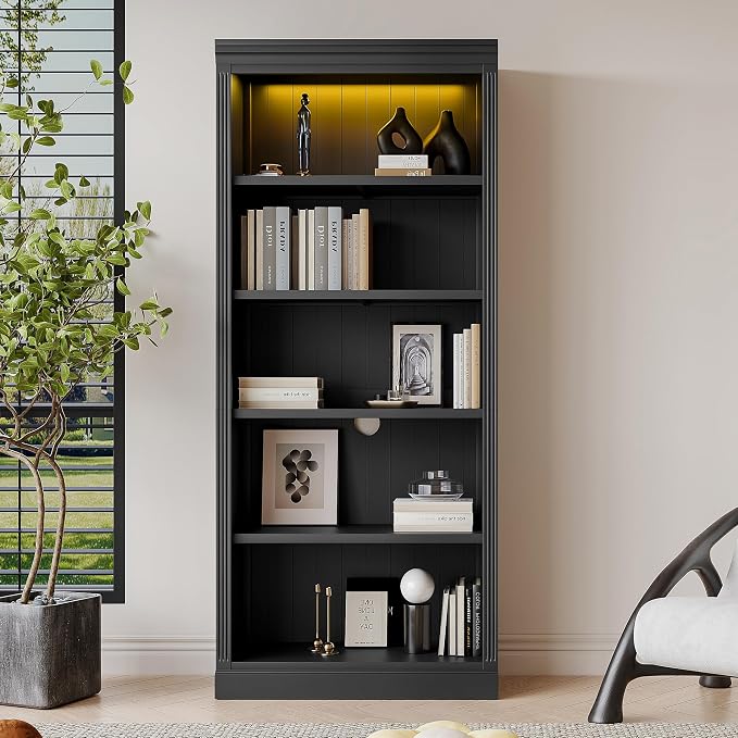 83.4" Tall Wood Bookcase with light strip, 5-Tier Decor Bookshelves with Adjustable Shelves, Storage Organizer for CDs,Books,Movies, Free Standing Storage Shelves for Living Room,Home Office, Black