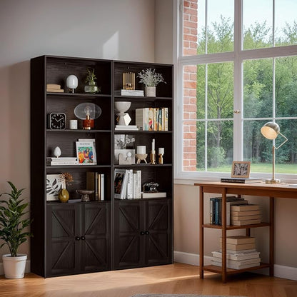 Furniwell Industrial Bookshelf and Bookcases with Doors Modern Bookshelf Cabinet Tall Book Shelves Storage for Home Office, Bedroom (Deep Black)
