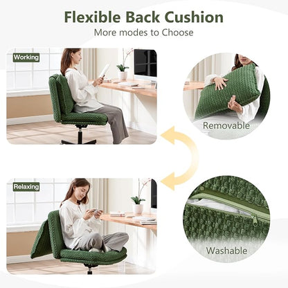 Fizzin Criss Cross Chair,Armless Cross Legged Chair with Wheels,Memory Foam Seat Office Desk Chair with Flipable Back Cushion,Mid Back Swivel Chair for Home Office,Bedroom Vanity (Green)