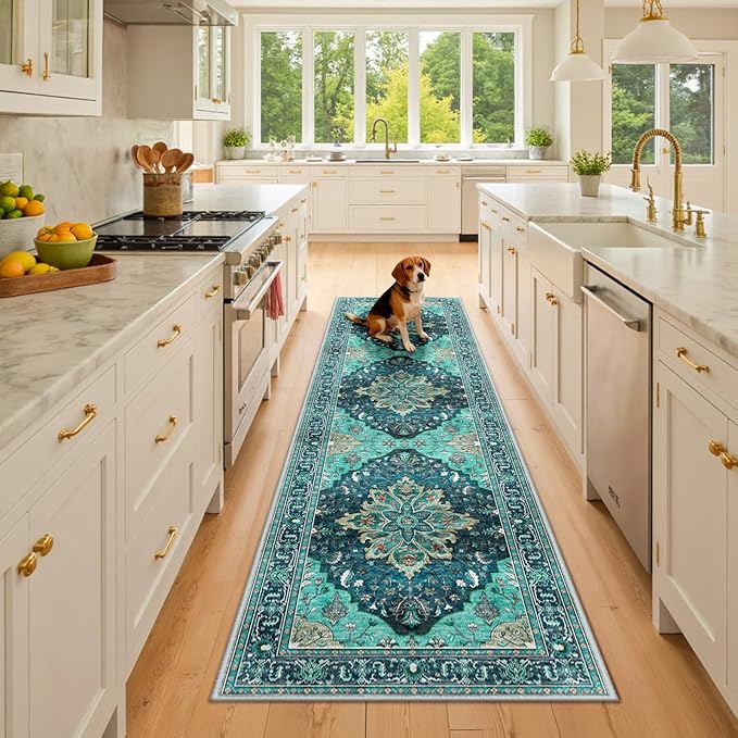 RELEANY Area Rugs Runner 2'x8' Washable Non-Slip, Floral Vintage Distress Medallion Carpet for Kitchen Hallway Bedroom Beside Laundry Room Bathroom, Teal Green Lake Blue Turquoise