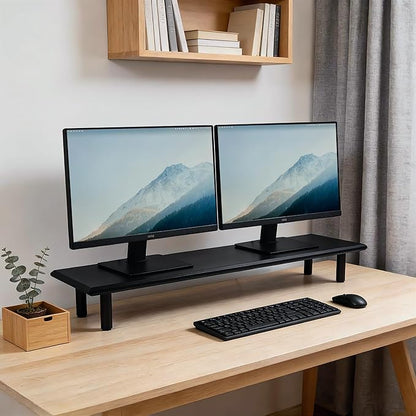 Bamboo Dual Monitor Stand Riser with Underneath Storage, Ergonomic Desk Shelf Supports PC Computer Monitor, Printer, TV for Home, Office, Black