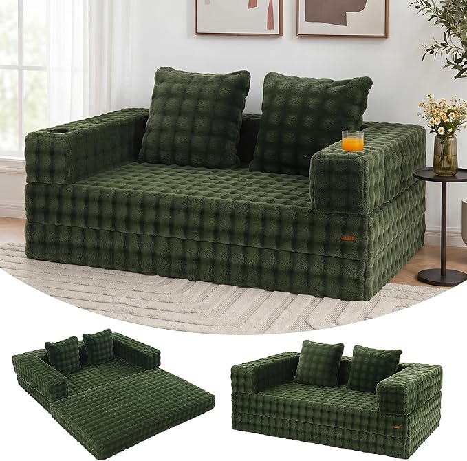 COMAX Futon Sofa Bed, 4‑in‑1 Convertible Sofa Bed, Folding Boneless Couches | Boneless Couch for living room, Fold Out Small Foldable Loveseat Floor Sleeper Mattress Lounge Space‑Saving, Classic Green