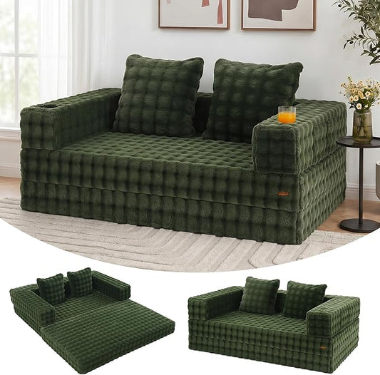 COMAX Futon Sofa Bed, 4‑in‑1 Convertible Sofa Bed, Folding Boneless Couches | Boneless Couch for living room, Fold Out Small Foldable Loveseat Floor Sleeper Mattress Lounge Space‑Saving, Classic Green