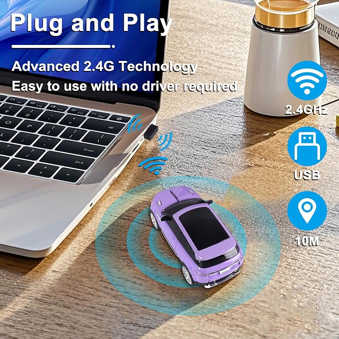 CHUYI Car Mouse Mini Small Cool SUV Car Shaped Wireless Mouse Portable 2.4GHz Optical Cordless Mice with USB Receiver 3 Buttons for Office School Travel for PC Computer Laptop Gift (Purple-1 Pack)