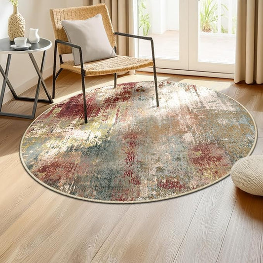 RELEANY Washable Area Rugs 4ft Non-Slip Modern Abstract Soft for Living Room Entryway Bedroom Kitchen, Print Pattern, Brown Rust Red Green Blue Multi