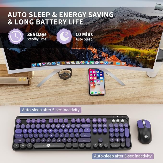 Purple Wireless Keyboard and Mouse Combo, Retro Round Key Typewriter Style Keyboard, Cute Full Size Aesthetic Bubble Keyboard with Number Pad for PC Laptop Desktop Computer