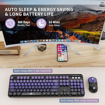 Wireless Keyboard and Mouse Combo - Cute Colorful Keyboard and Mouse, Retro Typewriter Keyboard with 2.4GHz Plug & Play, for Windows 11/10/7, Laptop, PC (Purple Wireless Keyboard and Mouse)