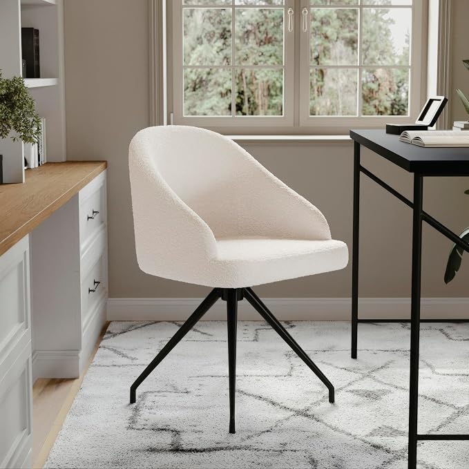 Martha Stewart Sora Stationary Swivel Task Chair with Sloped Arms for Home Office in White Boucle with Oil Rubbed Bronze Frame
