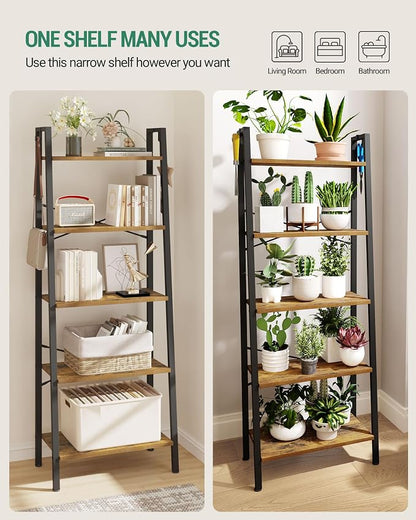 Hzuaneri Ladder Shelf, Bookshelf Bookcase, Freestanding Corner Storage Shelve with 2 Hooks for Home Office, Living Room, Kitchen, Bedroom, Industrial, 11.8" D x 23.6" W x 63" H, Rustic Brown BC19301B