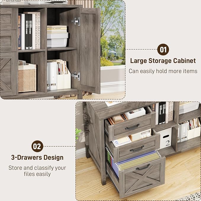 Befrases Farmhouse Lateral Filing Cabinet, Lateral File Cabinet with 3 Drawers and Cabinet, Large Printer Stand with File Drawer for Letter/A4 Size Hanging Files for Home Office, Rustic Grey
