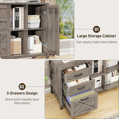 Befrases Farmhouse Lateral Filing Cabinet, Lateral File Cabinet with 3 Drawers and Cabinet, Large Printer Stand with File Drawer for Letter/A4 Size Hanging Files for Home Office, Rustic Grey