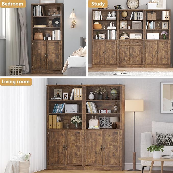 Thacuok 72'' Tall Bookcase with Doors, Adjustable Shelves, P2 MDF Construction, 32'' Wide Freestanding Cabinet with Metal Handles, Hidden Storage for Living Room, Bedroom
