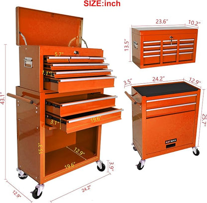 RYH 8 Drawers Rolling Tool Chest & Tool Box on Wheels | Heavy Duty Metal Cart with Ball Bearing Drawers | Fits US General Tool Box for Garage Storage(Orange, 8 Drawers /43.1" H × 24.2" W)