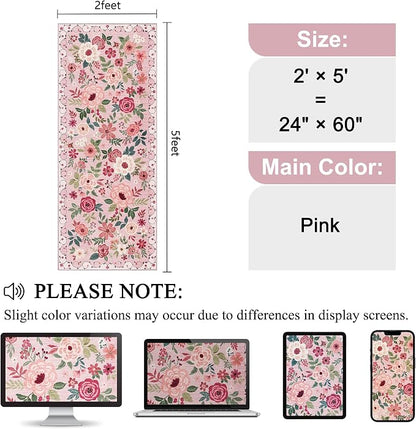 DUKINO 2x5 Runner Rug for Hallway, Washable Kitchen Floral Runner Rug with Non Slip Backing, Low Pile Soft Boho Carpet for Kitchen, Hallway, Entryway, Laundry, Bedroom, Pink