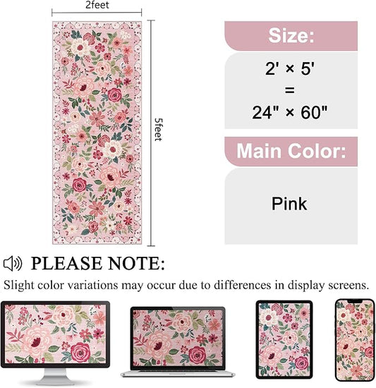 DUKINO 2x5 Runner Rug for Hallway, Washable Kitchen Floral Runner Rug with Non Slip Backing, Low Pile Soft Boho Carpet for Kitchen, Hallway, Entryway, Laundry, Bedroom, Pink