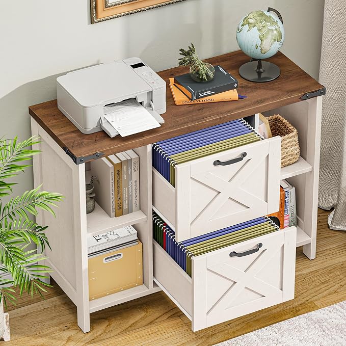 Halitaa 2 Drawer File Cabinet, Farmhouse Lateral Filing Cabinet Fits File Letter or A4 Size, Wooden Printer Stand with Open Storage Adjustable Shelf for Home Office, Rustic White