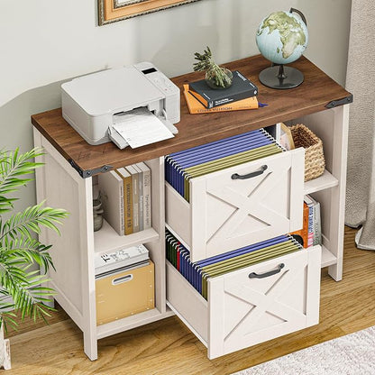 Halitaa 2 Drawer File Cabinet, Farmhouse Lateral Filing Cabinet Fits File Letter or A4 Size, Wooden Printer Stand with Open Storage Adjustable Shelf for Home Office, Rustic White