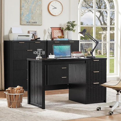 LEYAOYAO Office Desk 48" with 3 Drawers Storage File Cabinet Wood Fluted Desk for Computer Office Bedroom Home Furniture Black