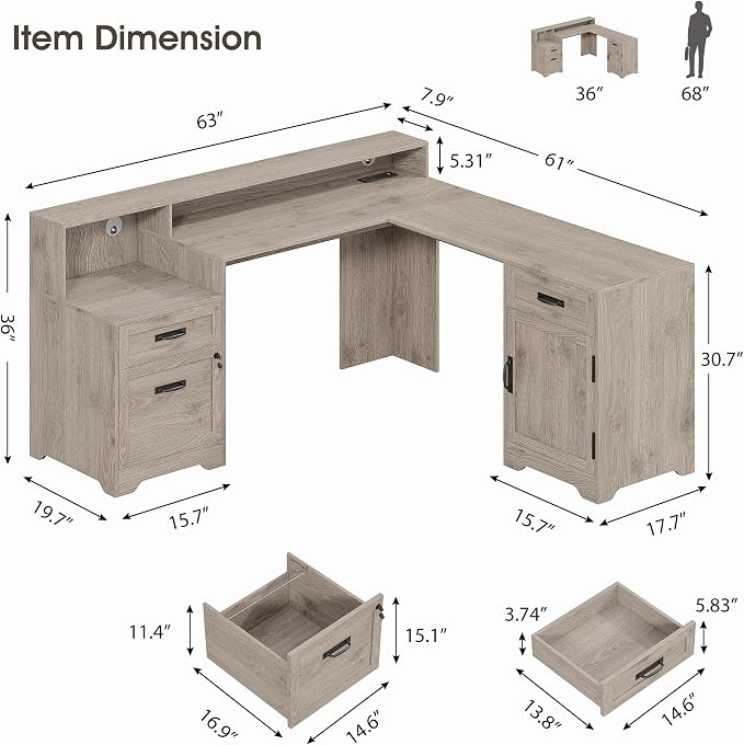 Whalefall 63'' Farmhouse L Shaped Desk with Monitor Stand Shelves, Gray | Corner Computer Desk with Drawers, Executive Home Office L Desk with File Cabinet Storage and Charging Station