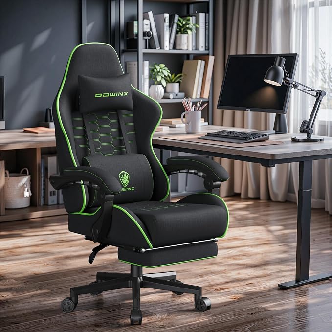 Dowinx Gaming Chair Fabric Big and Tall with Pocket Spring Cushion, Massage Game Chair Cloth with Headrest, Ergonomic Computer Chair with Footrest 350LBS, Black Green